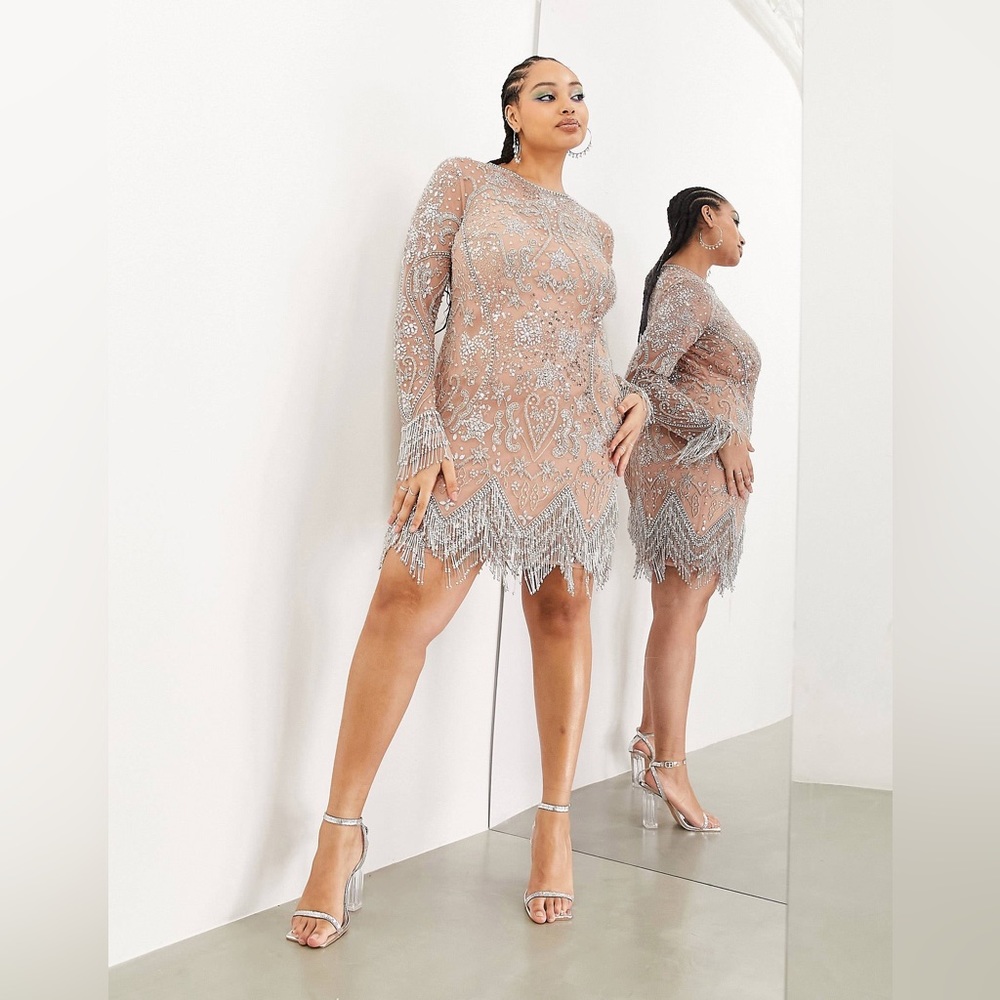 ASOS EDITION Curve embellished mini dress with beaded fringe hem in blush